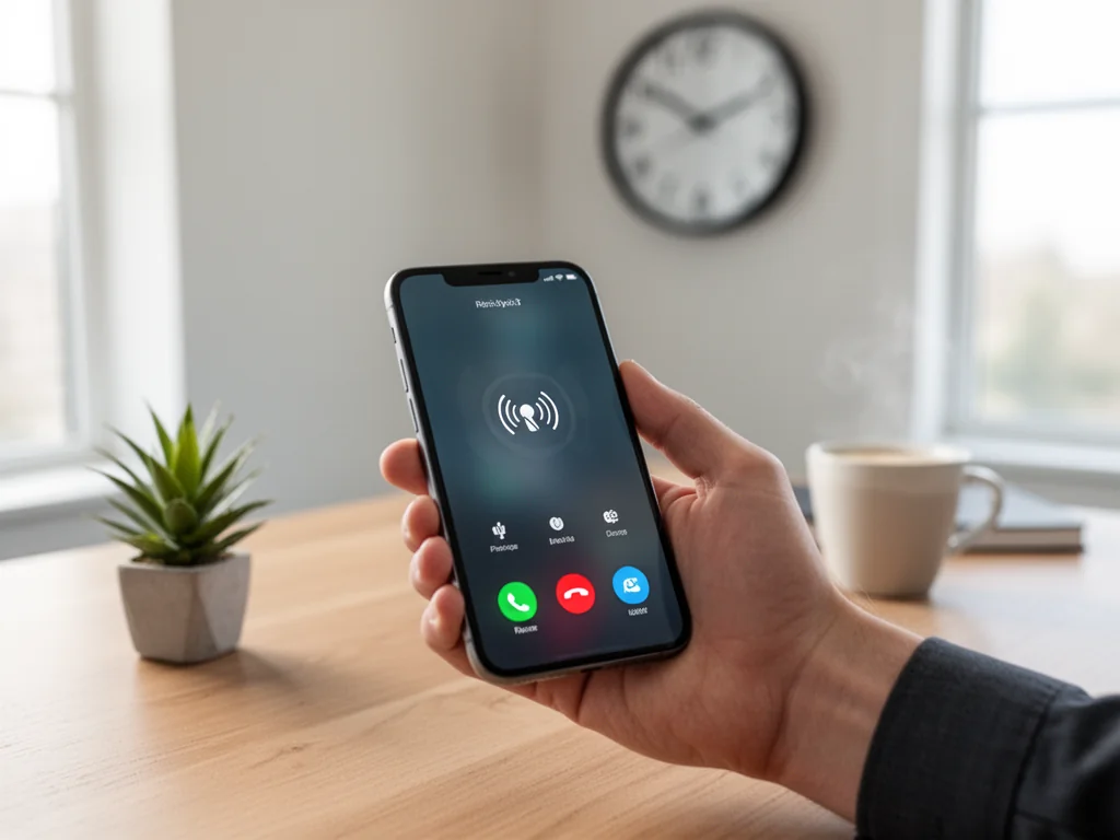 Smartfon z ekranem połączenia na biurku w jasnym biurze, w tle zegar wskazujący dzienne godziny infolinii
