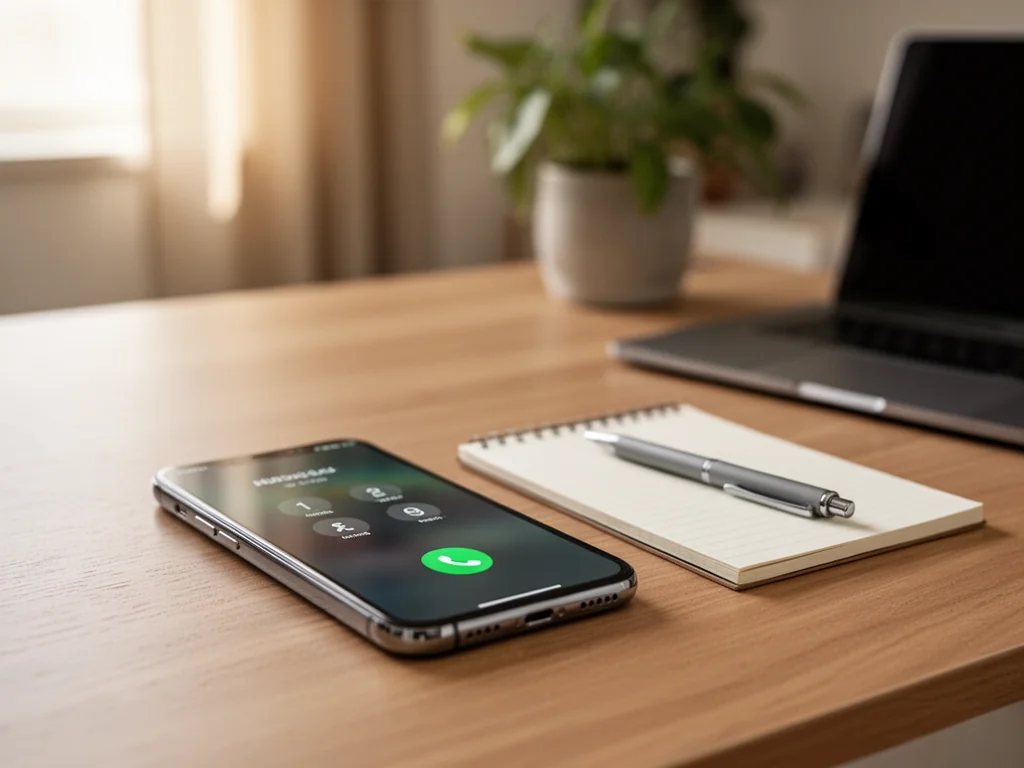 Smartfon z ekranem połączenia na biurku obok notatnika i długopisu, symbolizujący kontakt telefoniczny z Castoramą.