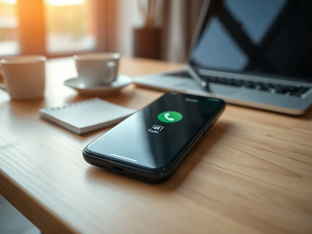 Smartfon z ekranem połączenia na biurku obok notatnika i długopisu, w tle laptop i kawa, spokojna biurowa atmosfera.