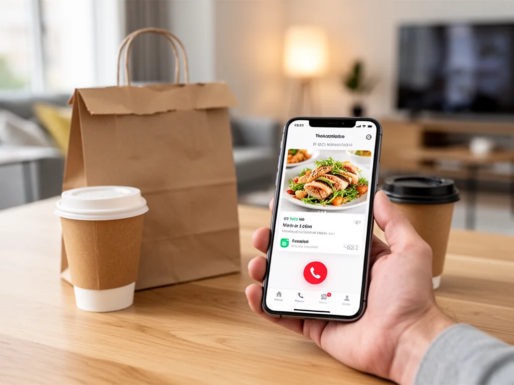 Smartfon z aplikacją Uber Eats i wyróżnioną ikoną telefonu obok torby z jedzeniem na stole, gotowy do kontaktu z infolinią
