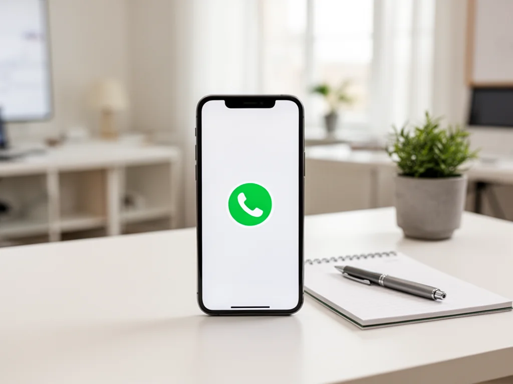 Smartfon z ikoną połączenia na biurku obok notatnika, symbolizujący dzwonienie na infolinię Leroy Merlin.