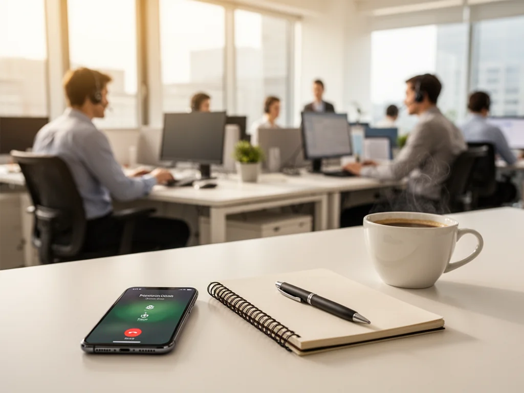 Smartfon z ekranem połączenia na biurku, w tle rozmyte call center TUI z konsultantami w słuchawkach.