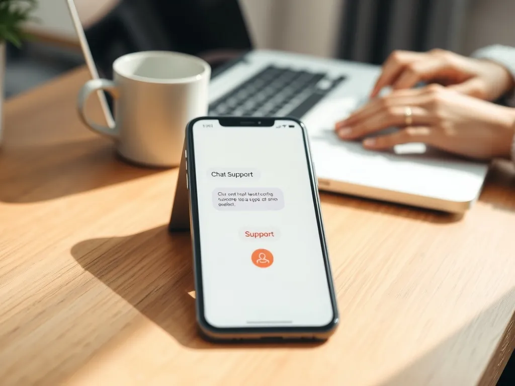 Smartfon z otwartym czatem wsparcia obok laptopa na biurku, symbolizujący kontakt z pomocą techniczną Vinted.