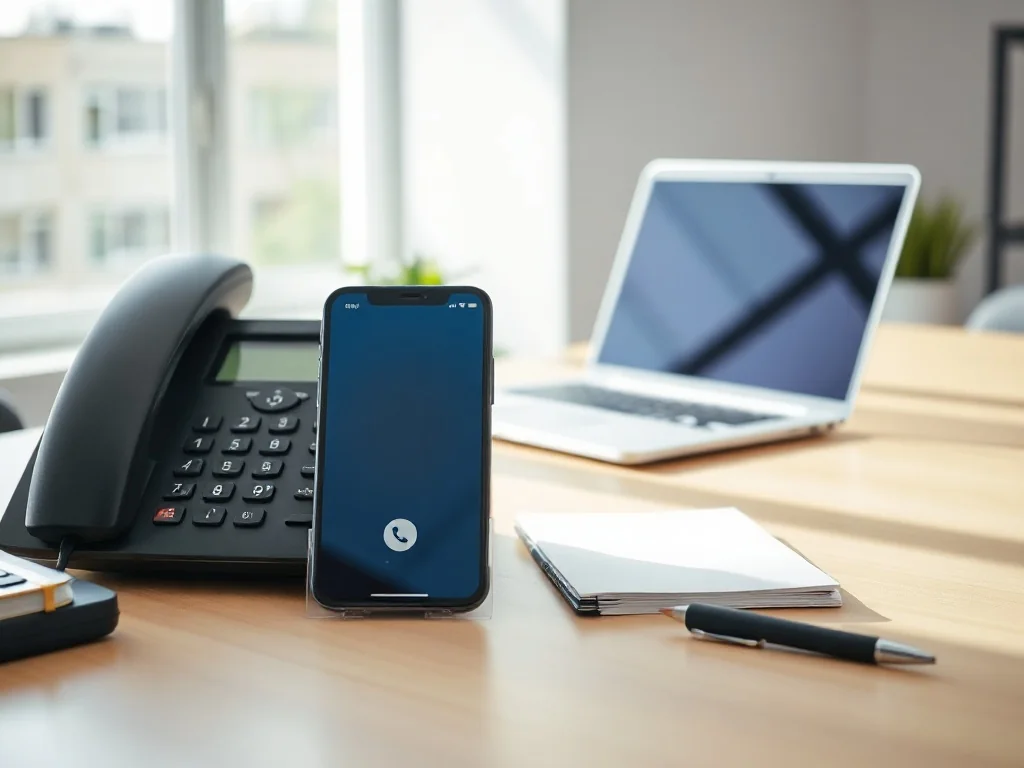 Telefon stacjonarny i smartfon na biurku sygnalizujące połączenie, symbolizujące działającą infolinię KSeF.