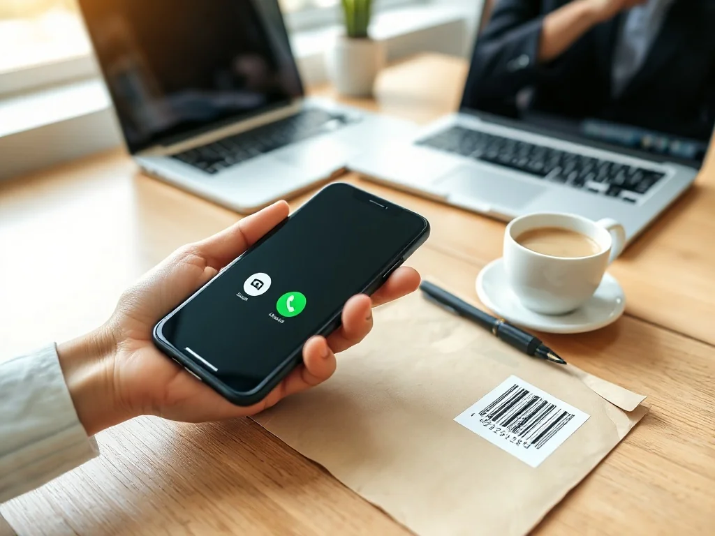 Smartfon z ekranem połączenia obok koperty Pocztex na biurku, symbol kontaktu i infolinii kurierskiej