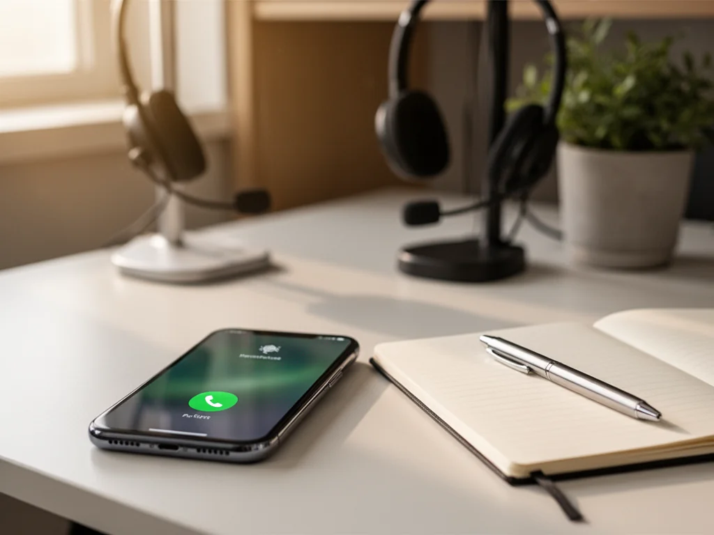 Smartfon z ekranem połączenia na biurku obok słuchawek i notatnika, symbolizujący infolinię biura podróży Itaka