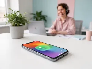 Smartfon z ekranem połączenia na biurku, w tle rozmyte call center TUI z konsultantami w słuchawkach.
