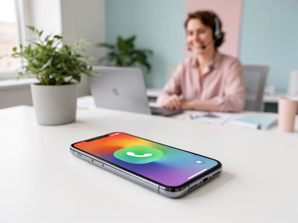 Smartfon z kolorową tęczą na ekranie symbolizującą infolinię, w tle konsultant w słuchawkach przy biurku.
