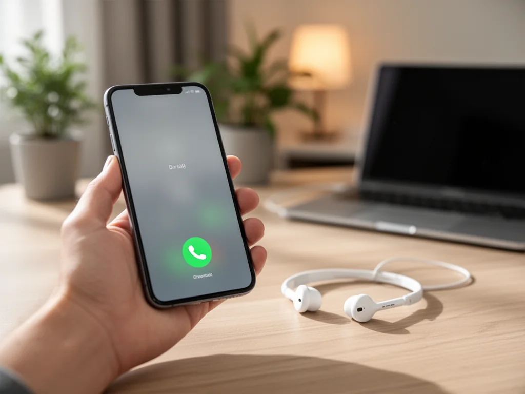 Smartfon z ekranem połączenia głosowego obok słuchawek na biurku, symbolizujący infolinię Media Markt i kontakt telefoniczny.
