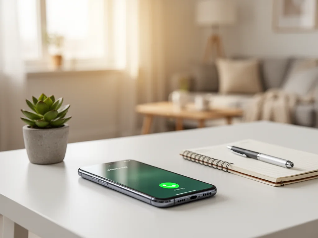 Smartfon z ekranem połączenia na biurku, obok notesu i rośliny, w jasnym, domowym wnętrzu nawiązującym do kontaktu Nju mobile