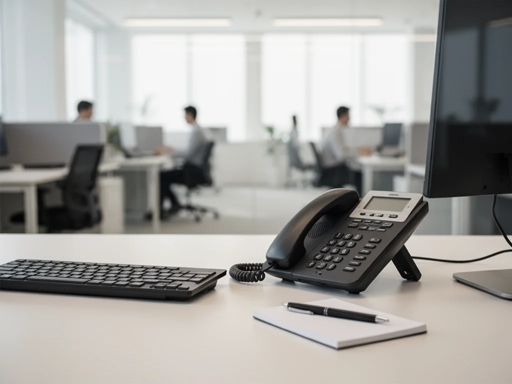 Słuchawka telefonu na biurku w nowoczesnym biurze call center, symbol kontaktu z infolinią CMP