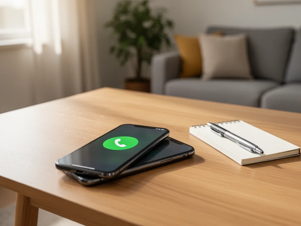 Smartfon z ikoną połączenia na biurku w przytulnym wnętrzu, symbol kontaktu z infolinią Komfort.