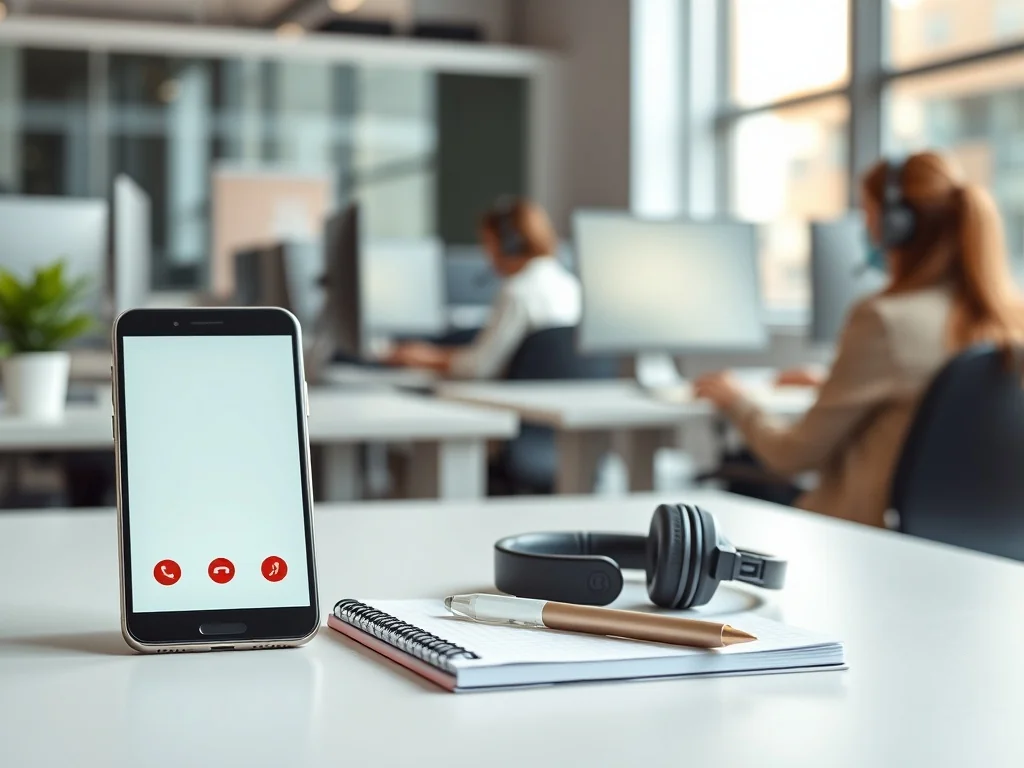 Smartfon z ekranem połączenia na biurku, w tle rozmyte biuro call center z konsultantami w słuchawkach.