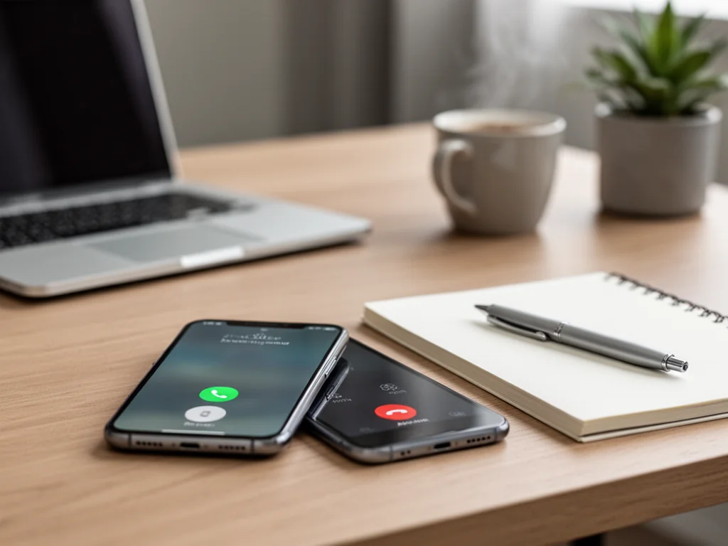 Smartfon z ekranem połączenia telefonicznego na biurku, obok notatnika i długopisu, w spokojnym biurowym otoczeniu.