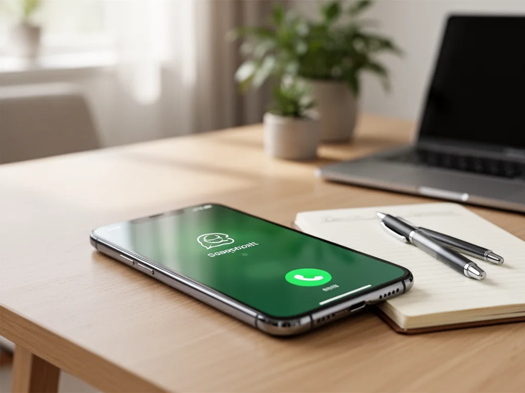 Smartfon z ekranem połączenia na biurku, obok notatnika, symbolizuje całodobową infolinię i łatwy kontakt z Santander.