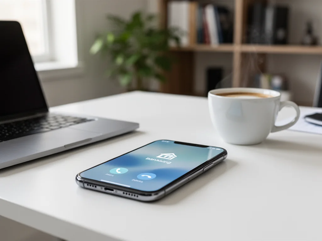 Smartfon z ekranem rozmowy telefonicznej leży na biurku obok laptopa i kawy, sugerując kontakt z bankiem Citi Handlowy.