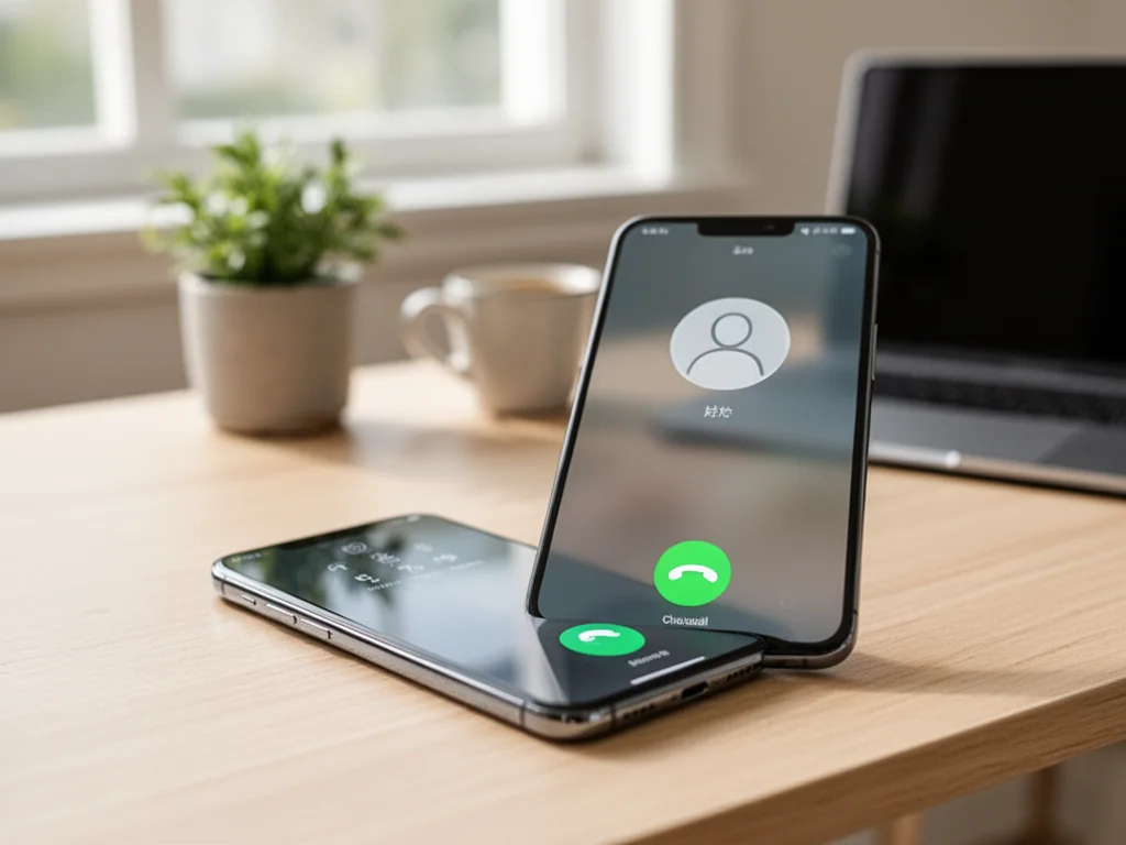 Smartfon z ekranem rozmowy na biurku, w tle domowe biuro – symbol kontaktu z infolinią Plus.