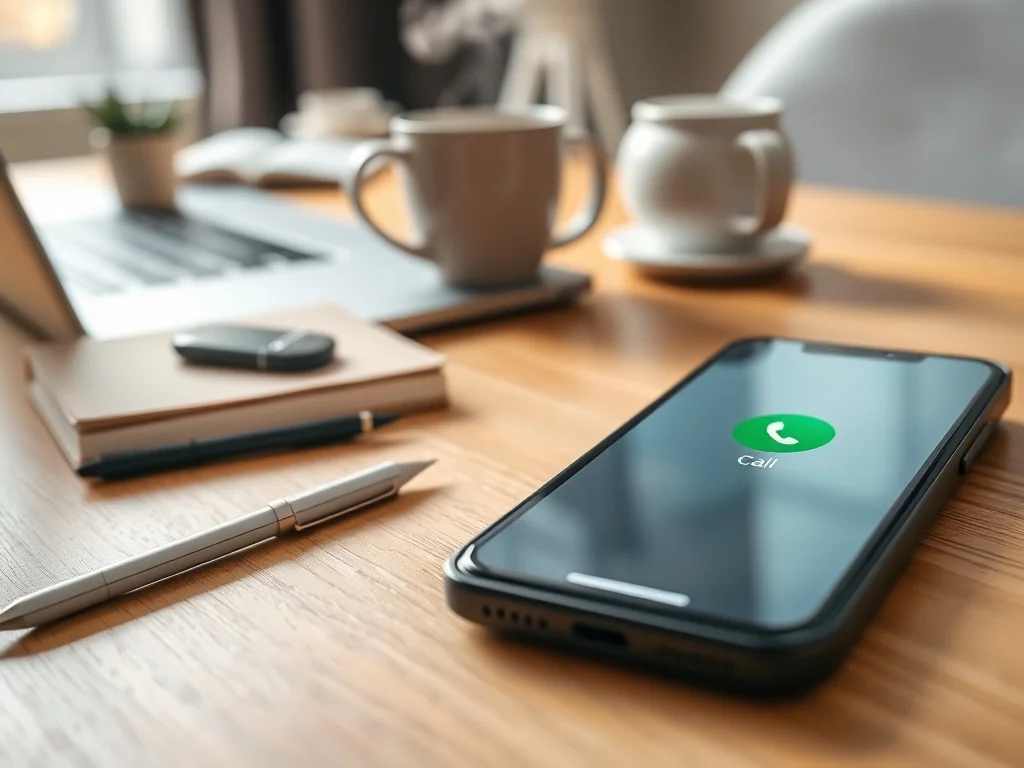 Smartfon z ekranem połączenia na biurku w domowym biurze, symbolizujący kontakt telefoniczny z pomocą Booking.