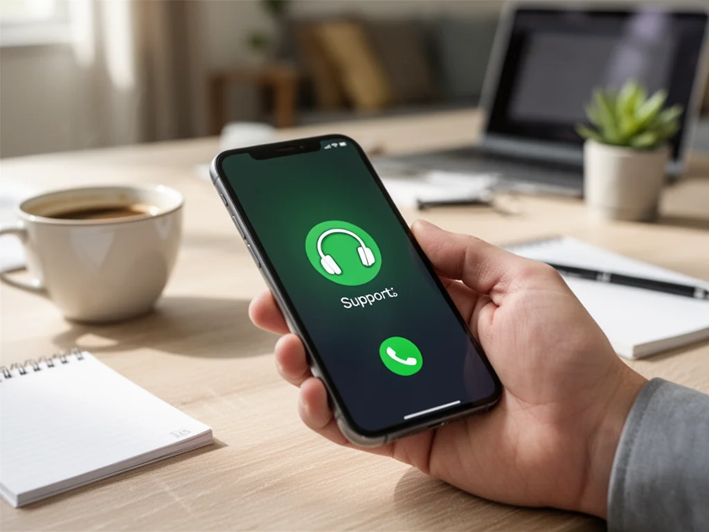 Smartfon z przychodzącym połączeniem wsparcia na biurku, symbolizujący całodobową infolinię pomocy Uber.