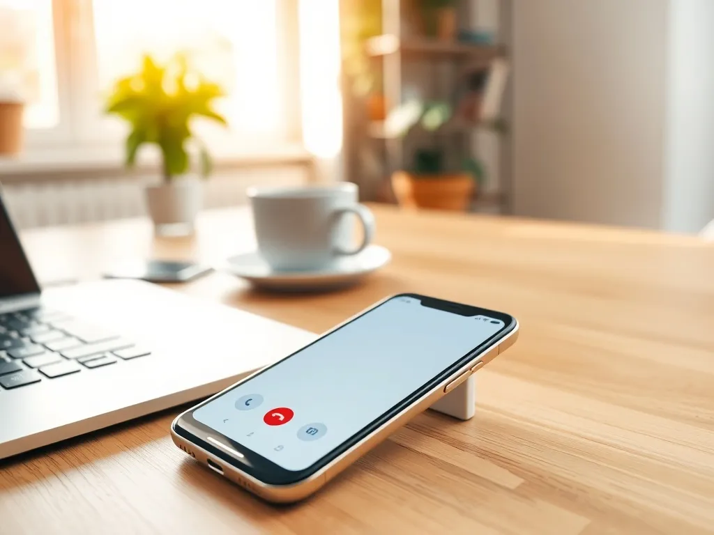 Smartfon z otwartą stroną kontaktu Inea na biurku obok laptopa i kawy, w jasnym domowym biurze.