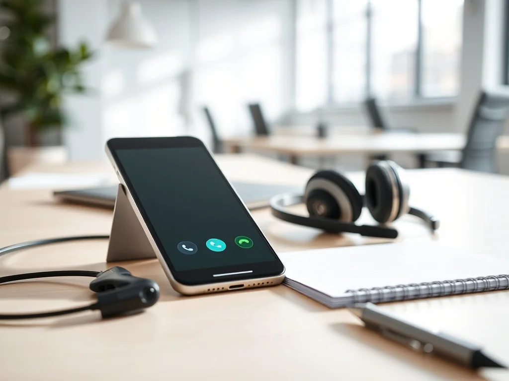 Smartfon na biurku z ekranem połączenia, obok notatnik i słuchawki, symbolizujące kontakt z infolinią ZUS.