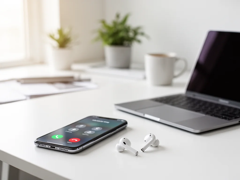 Smartfon z ekranem połączenia obok laptopa, słuchawek i kawy, symbolicznie przedstawiający kontakt z infolinią Apple.