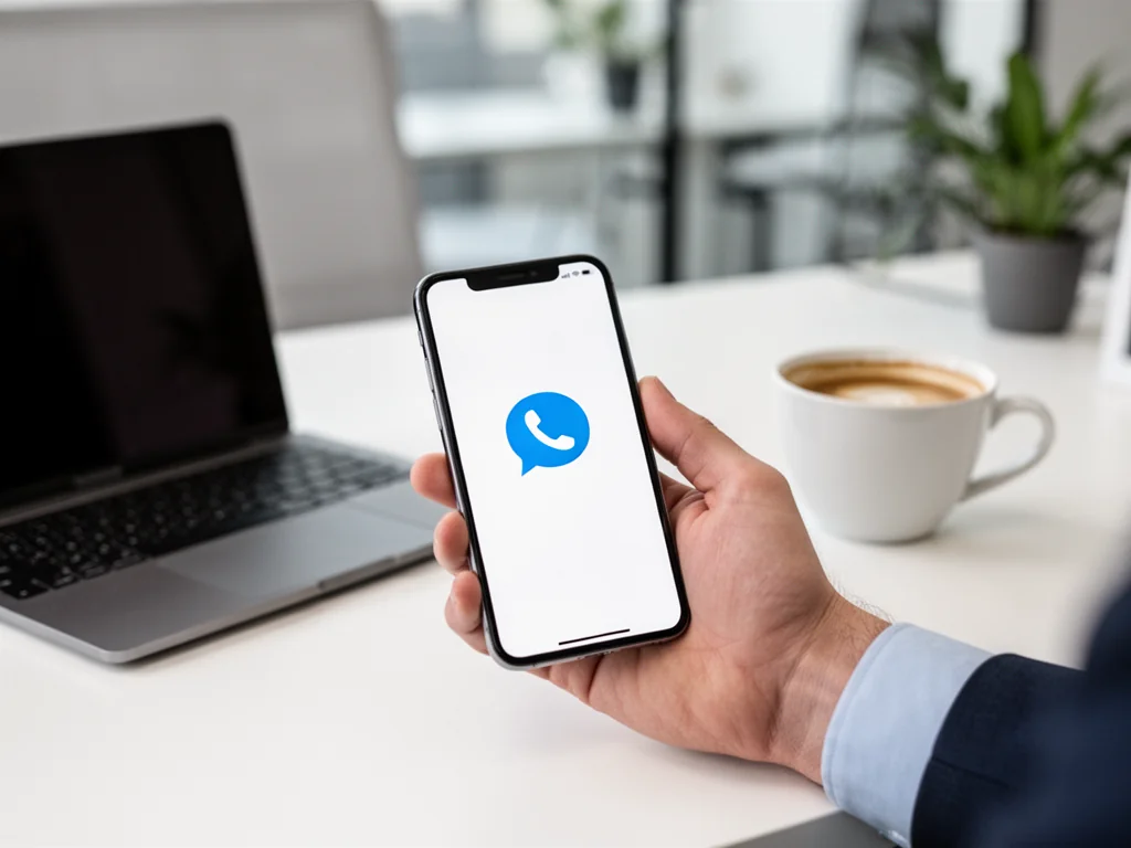 Smartfon z ikoną czatu i telefonu obok laptopa i kawy, symbolizujący kontakt z obsługą klienta Vectra