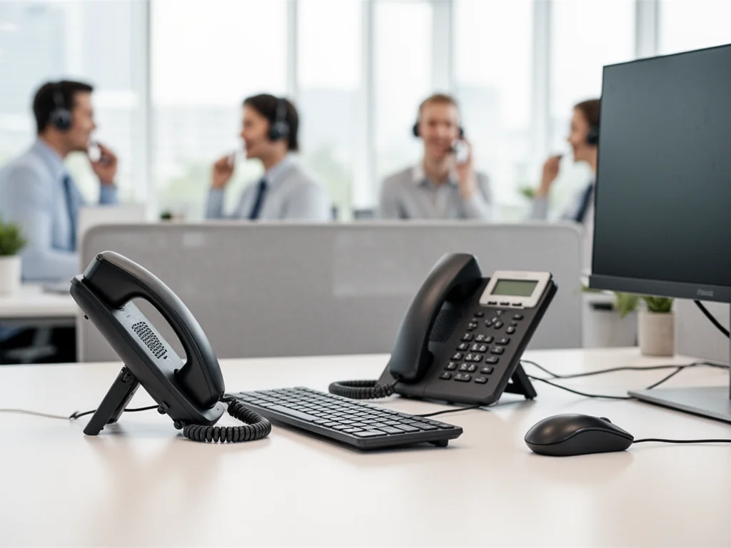 Nowoczesne biuro call center z telefonem i komputerem na biurku, symbol kontaktu z infolinią Itaka.