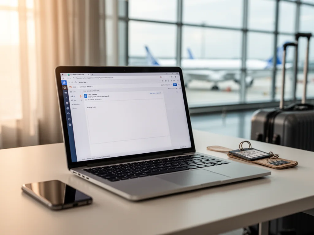 Laptop z otwartym oknem e-mail na tle lotniska, obok telefon i znacznik bagażowy, nawiązanie do kontaktu z Ryanairem.