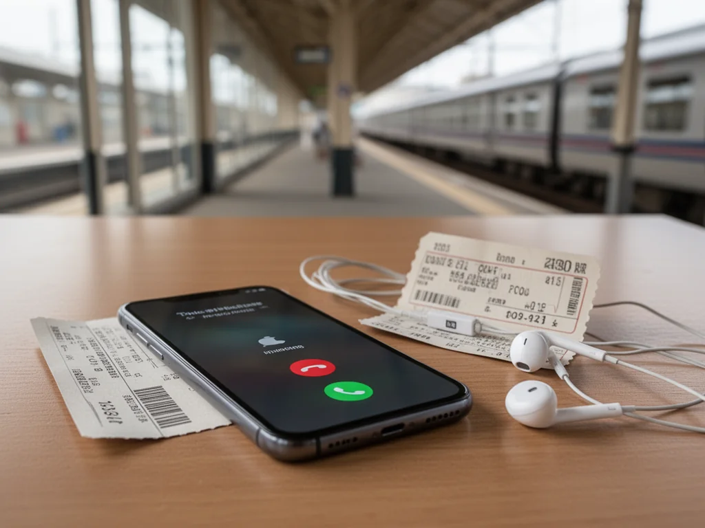 Smartfon z ekranem połączenia obok biletu kolejowego i słuchawek na tle dworca, symbol informacji telefonicznej PKP.