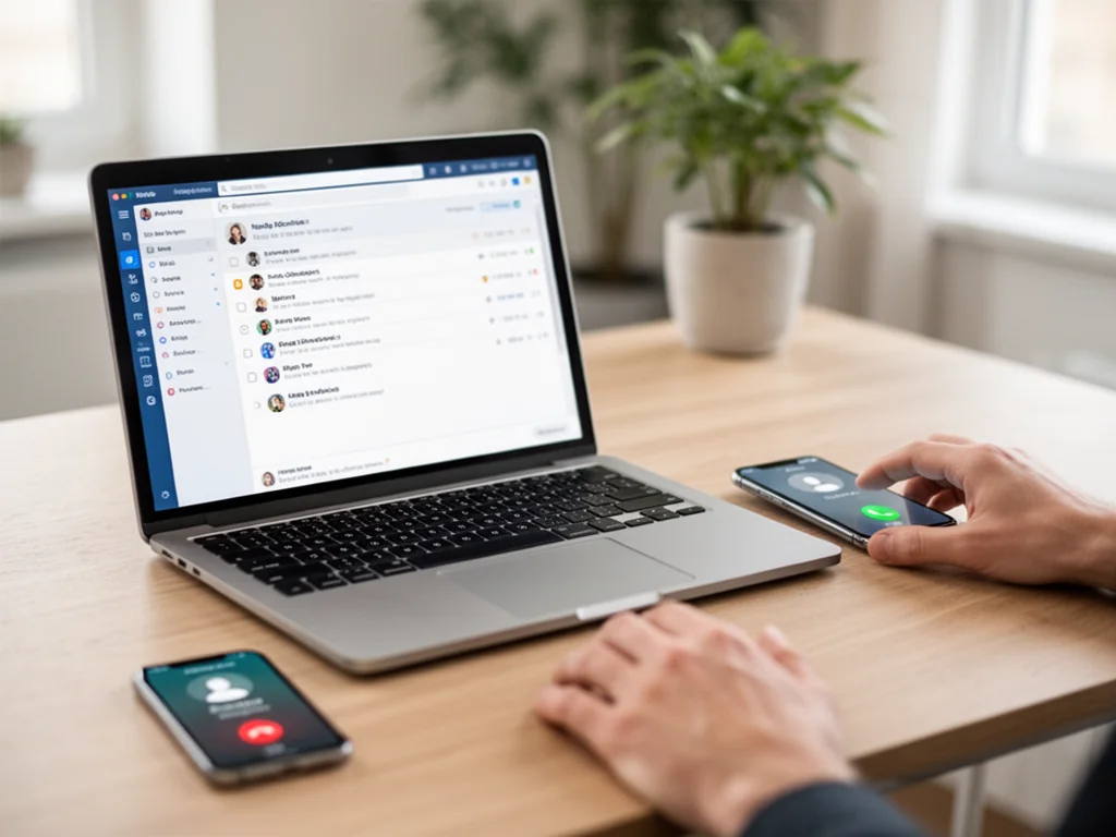Osoba przy biurku sprawdza skrzynkę mailową i ekran telefonu, szukając danych kontaktowych WP Poczty.