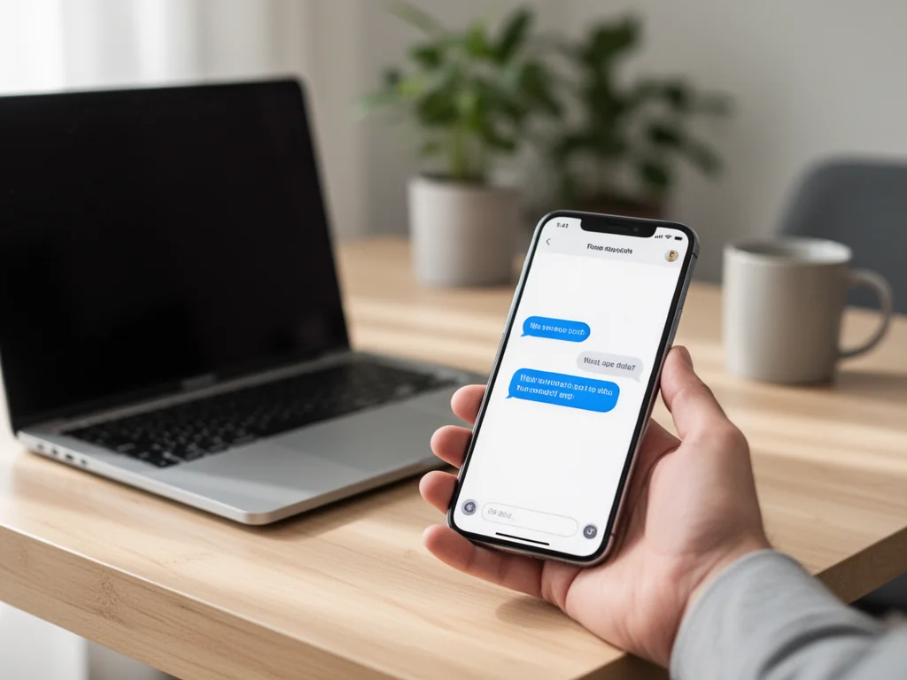 Smartfon z włączonym czatem wsparcia obok laptopa na biurku, symbol szybkiego kontaktu z pomocą Allegro.