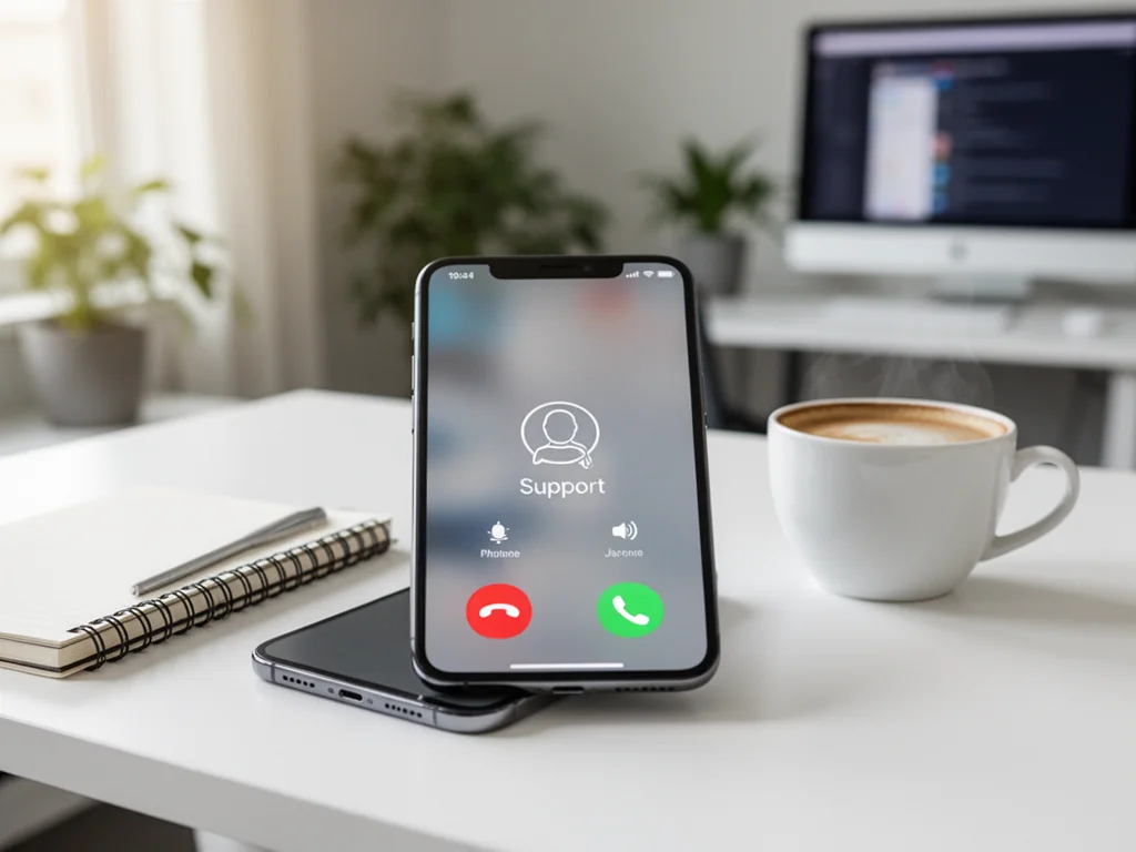 Smartfon na biurku z ekranem połączenia, obok notes i kawa, w tle jasne biuro – symbol kontaktu z infolinią NN.