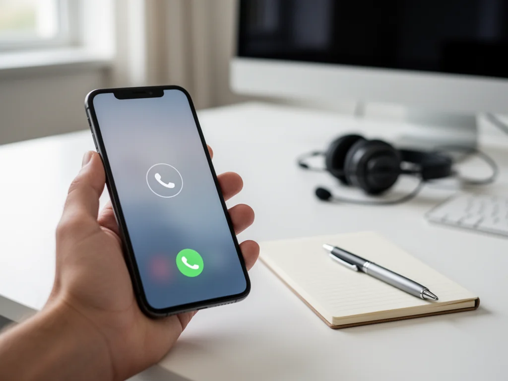 Smartfon z ekranem połączenia obok notatnika i słuchawek na biurku, symbolizujący kontakt z infolinią ITD.
