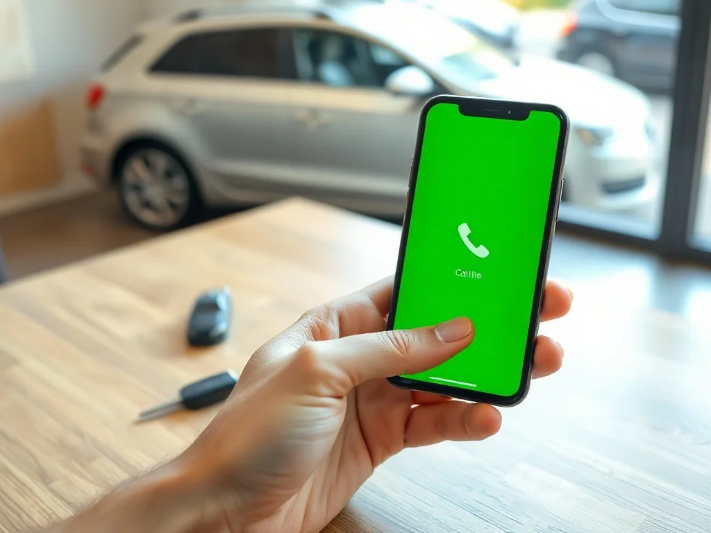 Smartfon z ekranem połączenia i kluczykami auta na biurku, w tle zaparkowany samochód, symbol infolinii Traficar