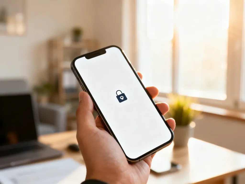 Smartfon z ekranem logowania trzymany w dłoni na tle przytulnego domowego biura.