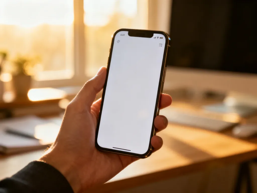 Smartfon z otwartym serwisem eBOK trzymany w dłoni na tle przytulnego domowego biura.