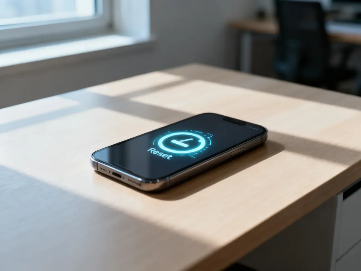 Nowoczesny smartfon leżący na drewnianym biurku z widoczną ikoną resetowania na ekranie.