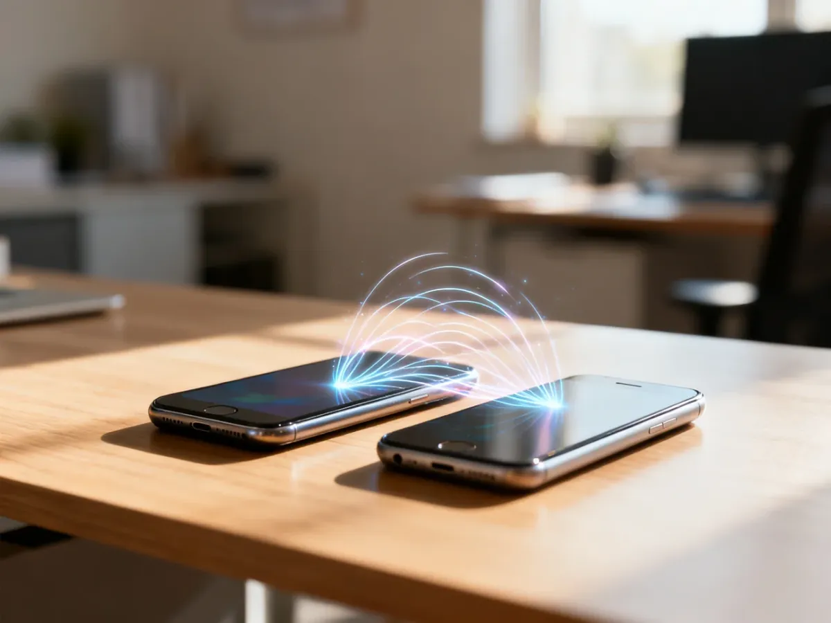 Dwa smartfony obok siebie na biurku, symbolizujące bezprzewodowe przesyłanie danych między urządzeniami iPhone.