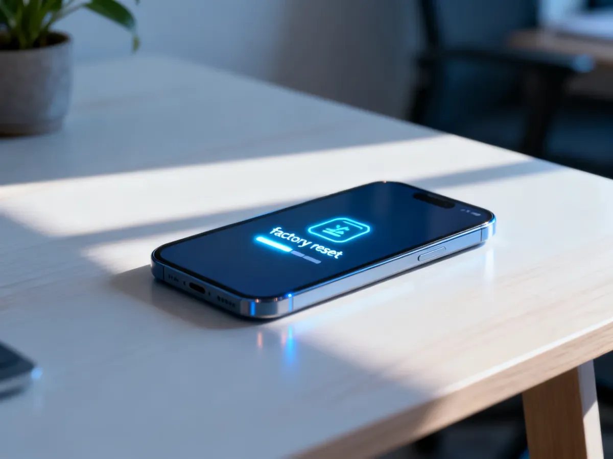 Nowoczesny smartfon na biurku z widoczną na ekranie ikoną przywracania ustawień fabrycznych w trakcie ładowania.