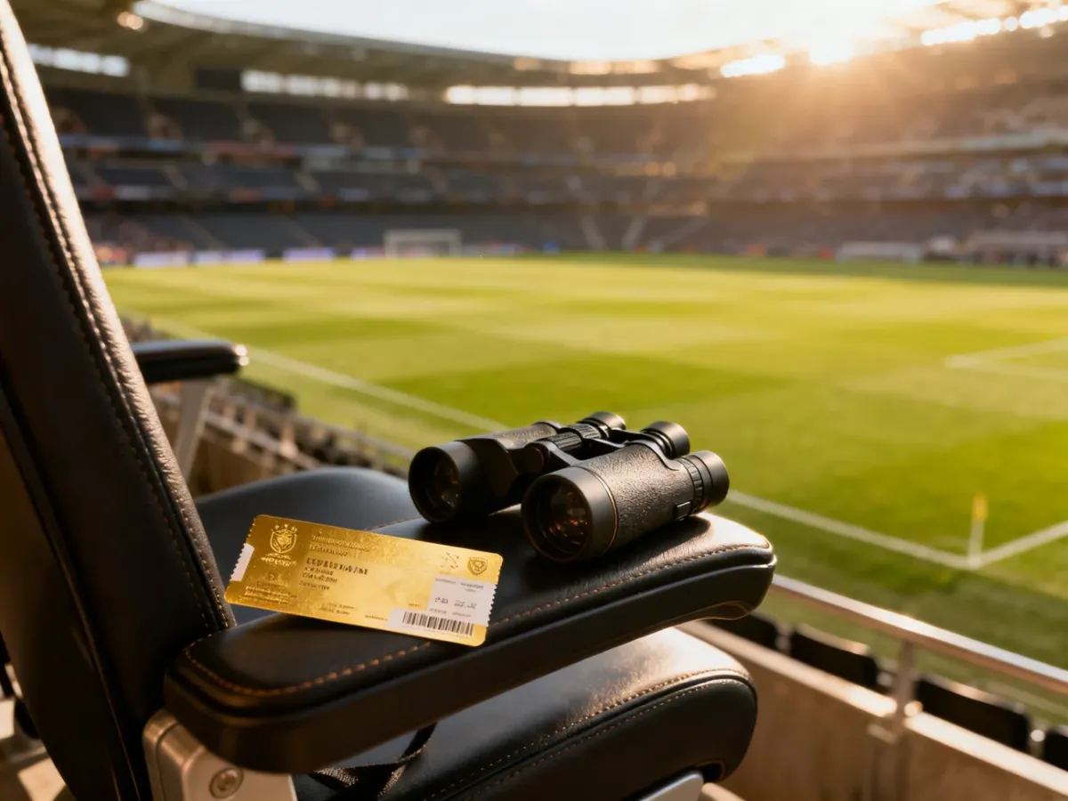 Złoty bilet pamiątkowy i lornetka na luksusowym siedzeniu stadionowym z widokiem na murawę.