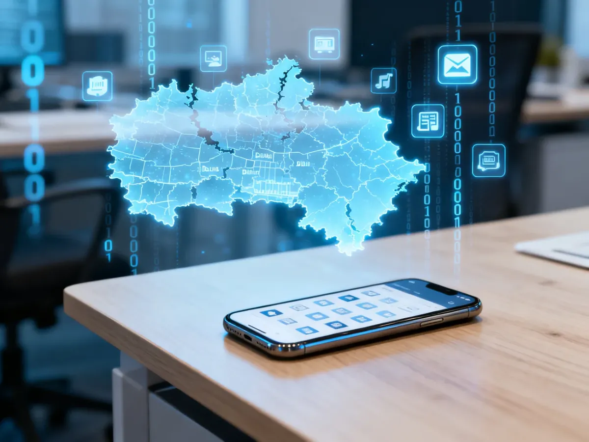Smartfon z interfejsem aplikacji na tle cyfrowej mapy Dublina, symbolizujący centrum rozwoju oprogramowania Google Play.