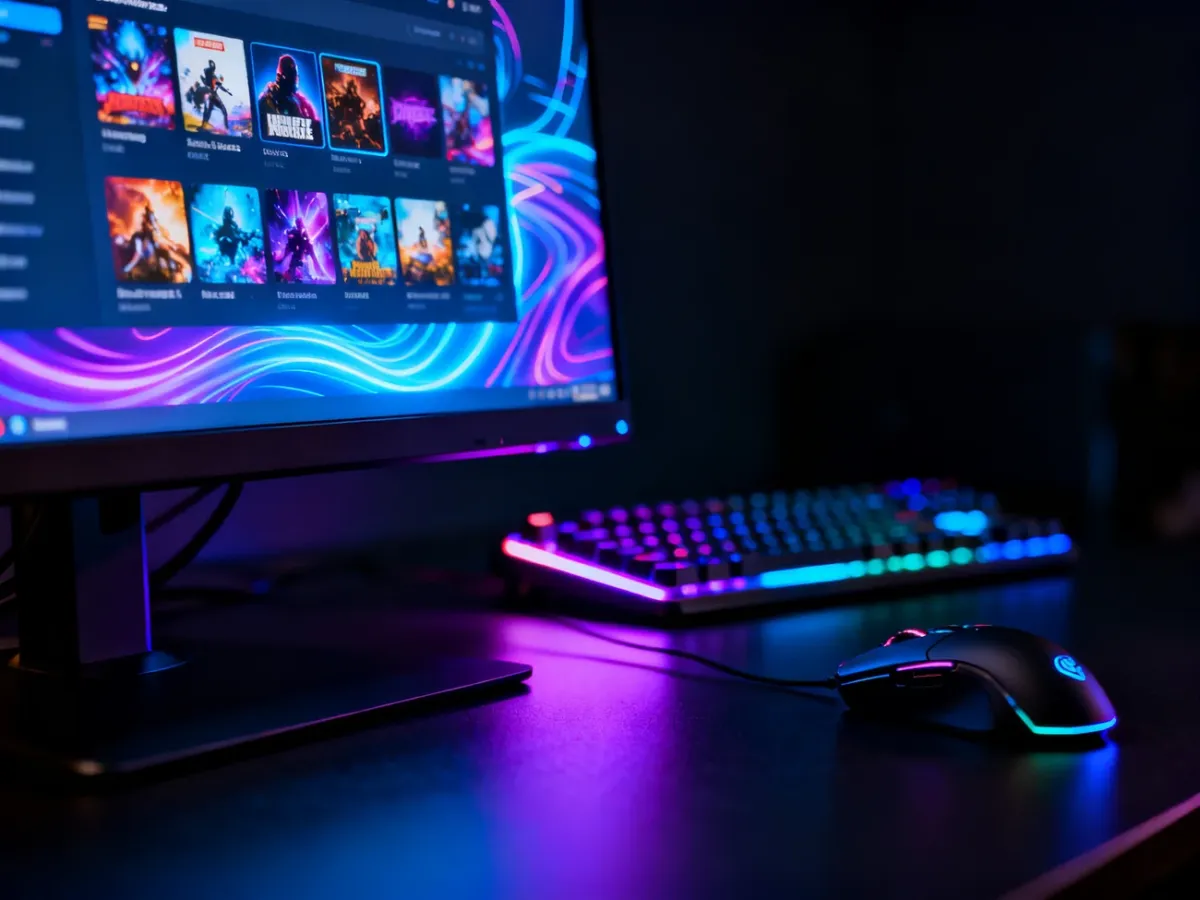 Nowoczesne stanowisko gamingowe z podświetlanym monitorem wyświetlającym bibliotekę gier na platformie Steam.