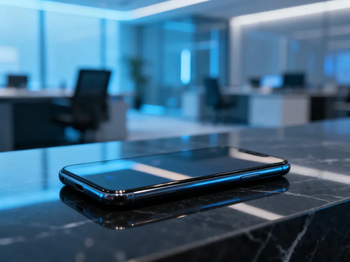 Nowoczesny smartfon iPhone 17 Pro Max wyeksponowany na eleganckim, ciemnym marmurowym blacie w profesjonalnym biurze.