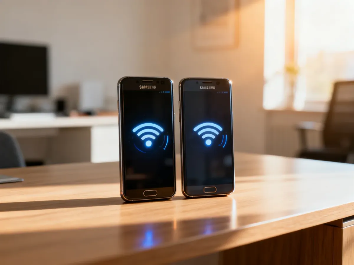 Dwa smartfony Samsung leżące obok siebie na biurku, symbolizujące bezprzewodowe przesyłanie danych między urządzeniami.