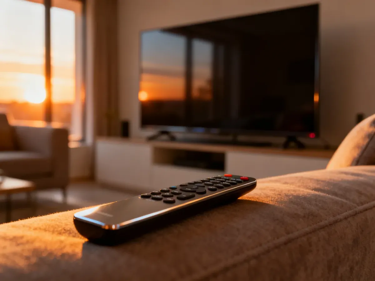 Nowoczesny salon z telewizorem i pilotem na kanapie, gotowy do oglądania filmów i seriali w ramach subskrypcji HBO Max.