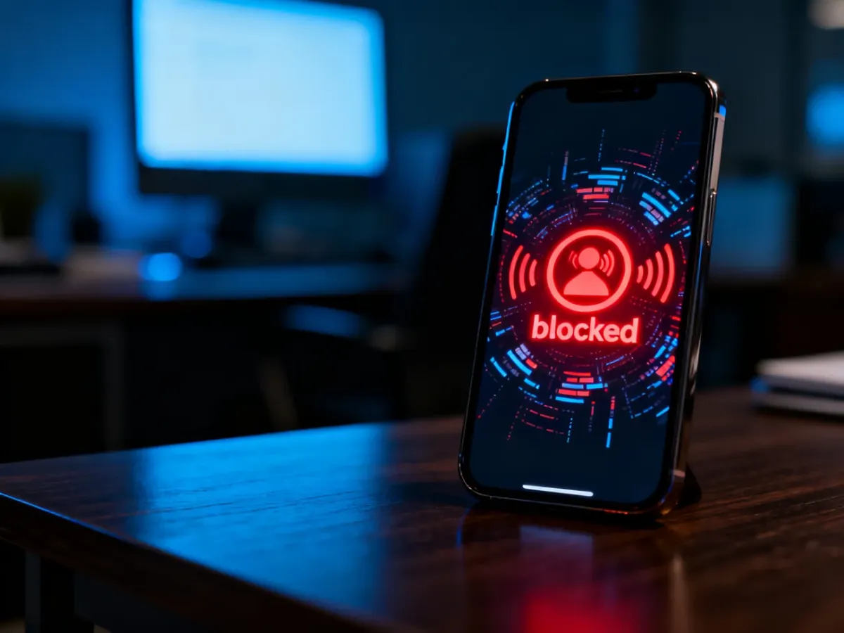 Smartfon na biurku z czerwoną ikoną blokady na ekranie, symbolizującą skuteczną ochronę przed niechcianymi połączeniami spamowymi.
