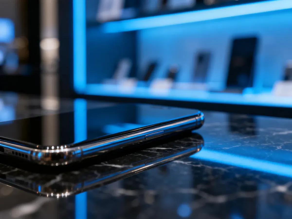 Elegancki zarys smartfona na ciemnym marmurze, podkreślający luksusowy design i nowoczesny charakter iPhone'a 17 Pro.