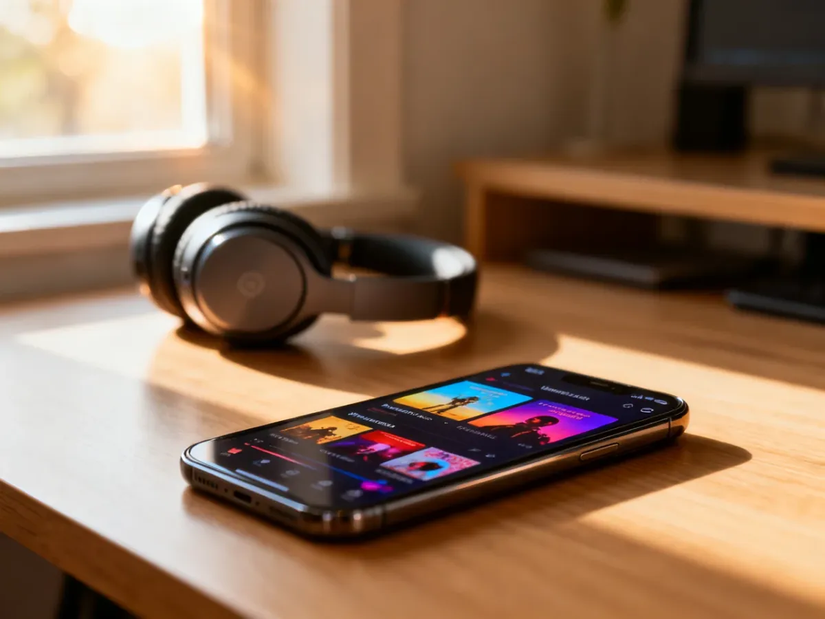 Nowoczesny smartfon z otwartą aplikacją muzyczną na drewnianym biurku, obok słuchawek bezprzewodowych.