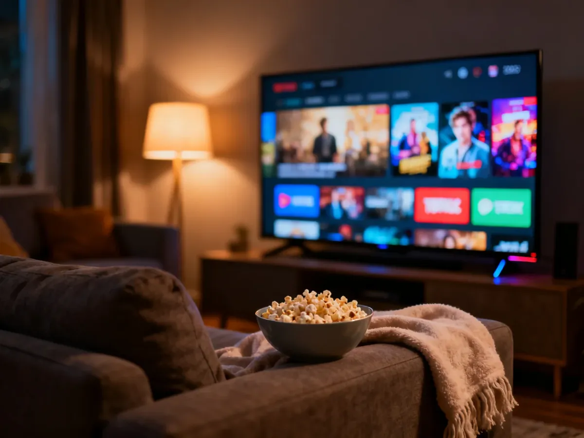 Przytulny salon z włączonym telewizorem, zachęcający do relaksu przy filmach i serialach z serwisu streamingowego.
